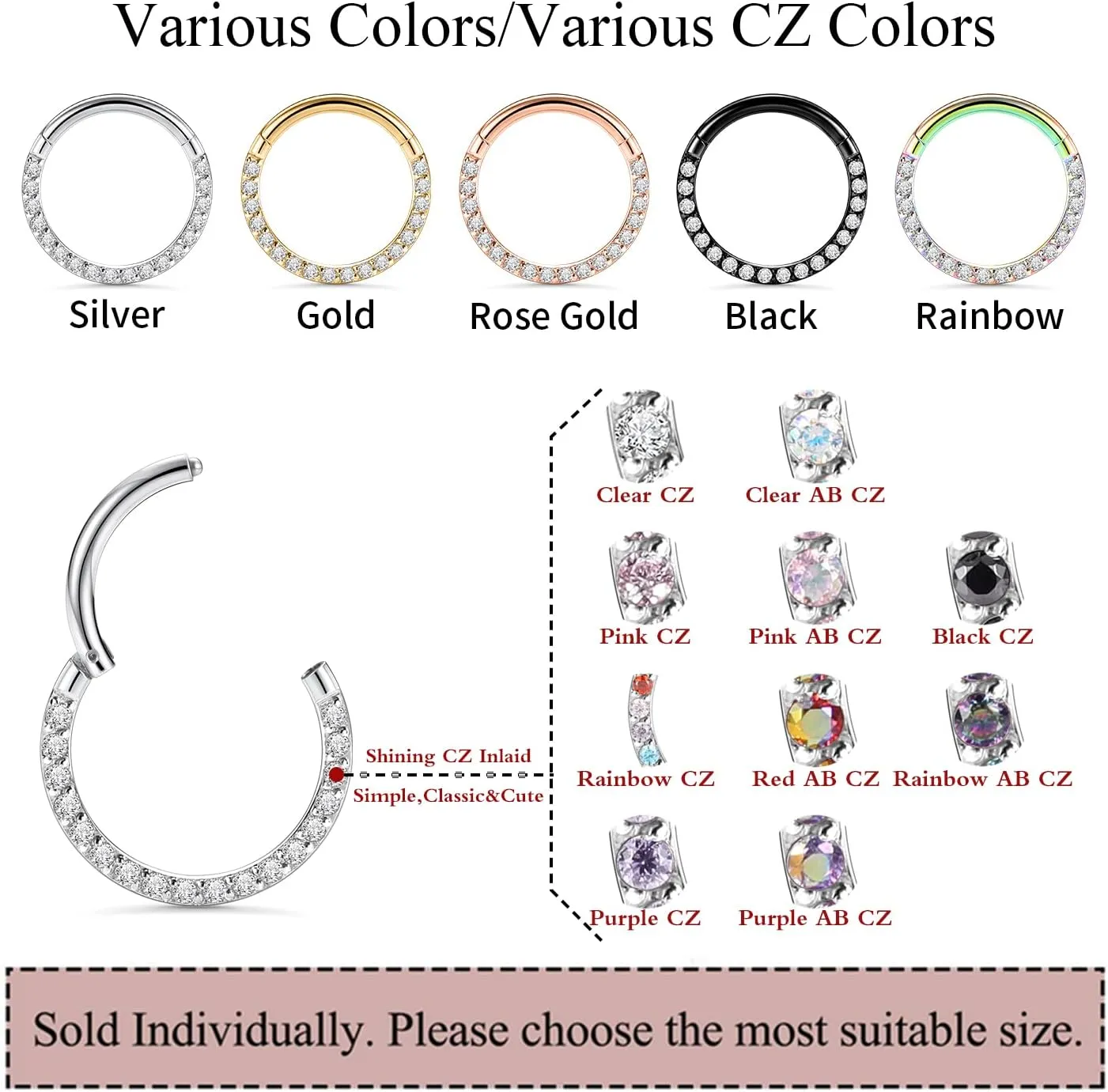 PEAKLINK 16G 18G 316L Stainless Steel CZ/OPAL Septum Piercing Septum Clicker Ring Hinged Nose Ring Daith Earrings Conch Piercing Jewelry Helix Cartilage Tragus Lobe Belly Hoop Earring