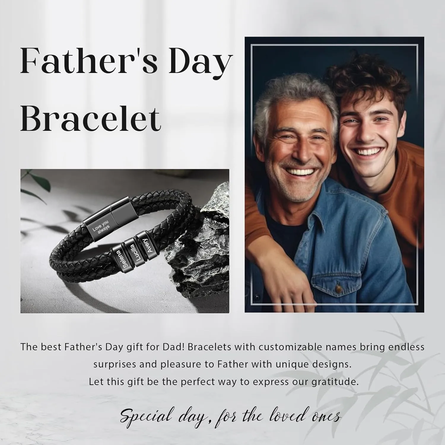 Personalized Men's Leather Bracelet Custom Name Bracelet Gifts for Dad Husband Grandpa