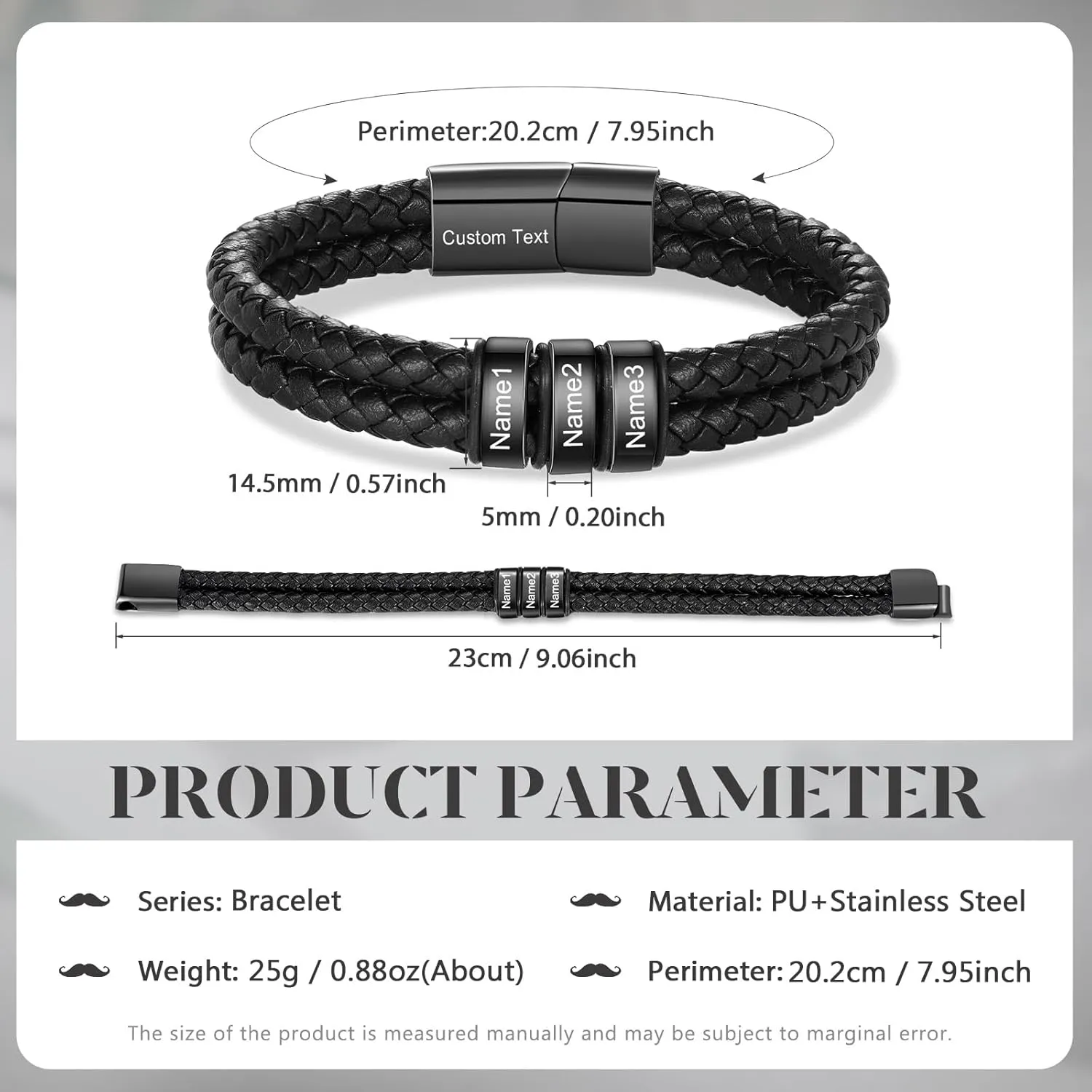 Personalized Men's Leather Bracelet Custom Name Bracelet Gifts for Dad Husband Grandpa