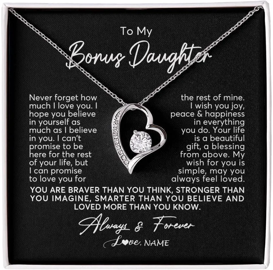 Personalized To My Bonus Daughter Necklace from Stepmom Stepdad I Will Always Love You Stepdaughter Jewelry Birthday Wedding Christmas Customized Message Card