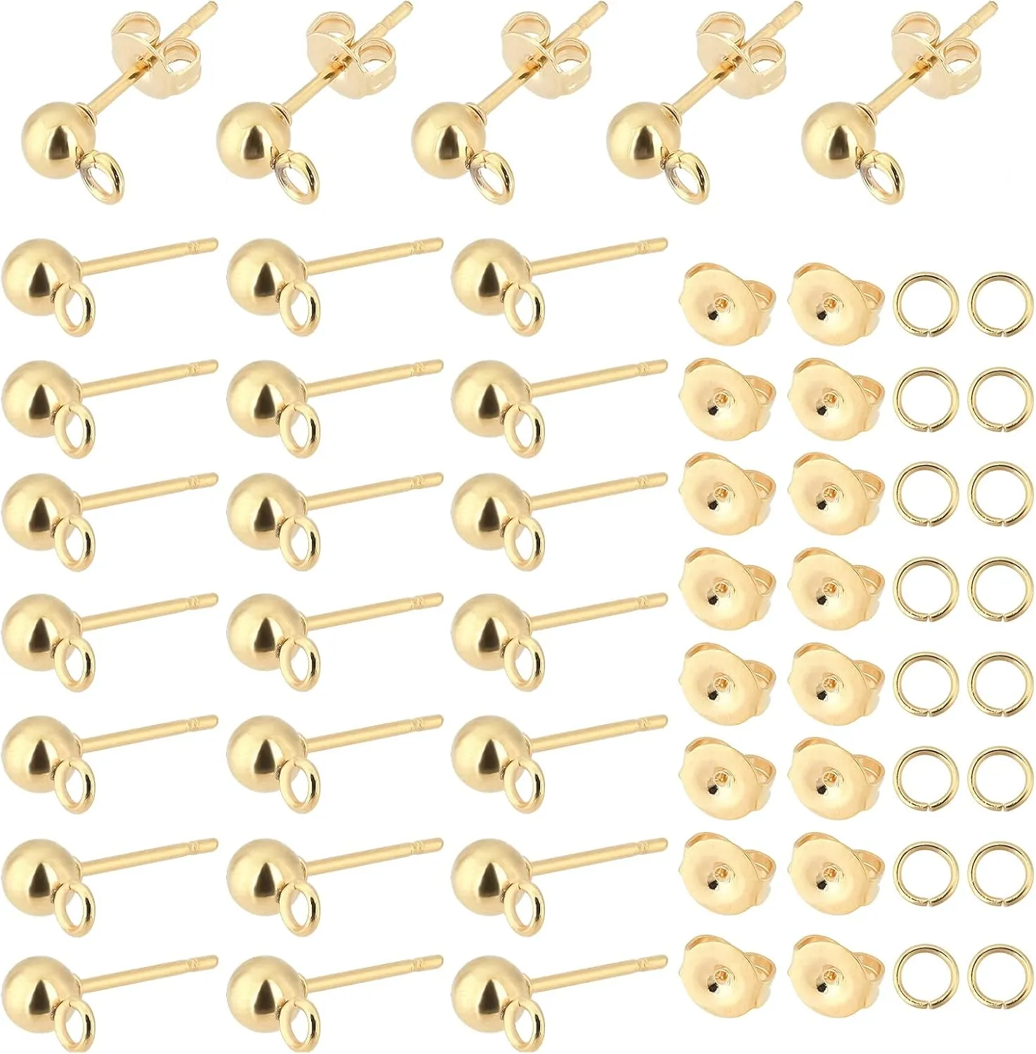 PH PandaHall 300pcs 18K Gold Ball Post Earring Stud, 100pcs Earring Post with Loop Stainless Steel Earrings Components Open Jump Rings 100pcs Ear Nuts for DIY Crafts Earrings Making