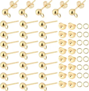 PH PandaHall 300pcs 18K Gold Ball Post Earring Stud, 100pcs Earring Post with Loop Stainless Steel Earrings Components Open Jump Rings 100pcs Ear Nuts for DIY Crafts Earrings Making