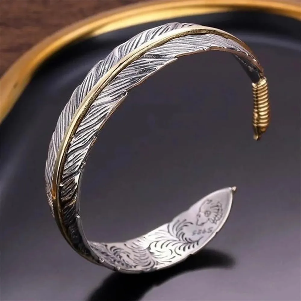 Pingyongchang Feather Bracelet Vintage Silver Adjustable Feather Bracelet Charm Bracelet Simple Retro Cuff Jewelry for Women Men