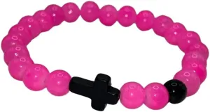 Pink Beaded Cross Bracelet, 17 cm, Religious Prayer Beads, Spiritual Jewellery, 17.0 Centimeters, Plastic Resin, no gemstone
