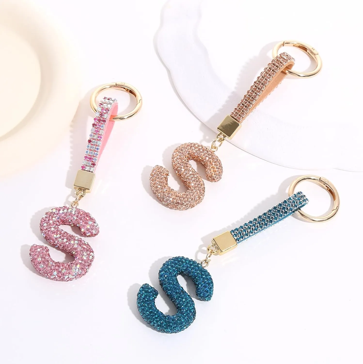 Pink Initial Letter Keychain Gift for Women Girls Bling Sparkly Cute Backpack Car Key Accessories