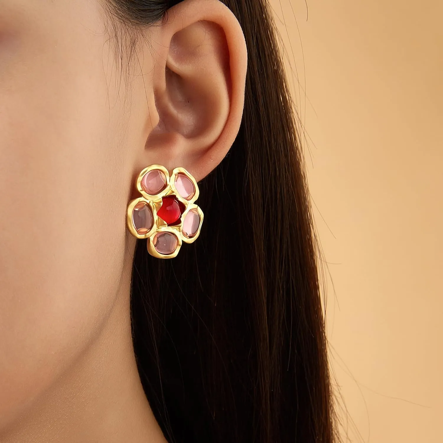 Pink Stud Earrings for Women, Trendy Love Heart Geometric Flower Boho Studs Hypoallergenic Statement Earrings Cocktail Costume Jewelry Gifts for Women