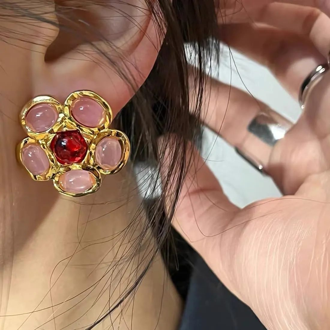 Pink Stud Earrings for Women, Trendy Love Heart Geometric Flower Boho Studs Hypoallergenic Statement Earrings Cocktail Costume Jewelry Gifts for Women