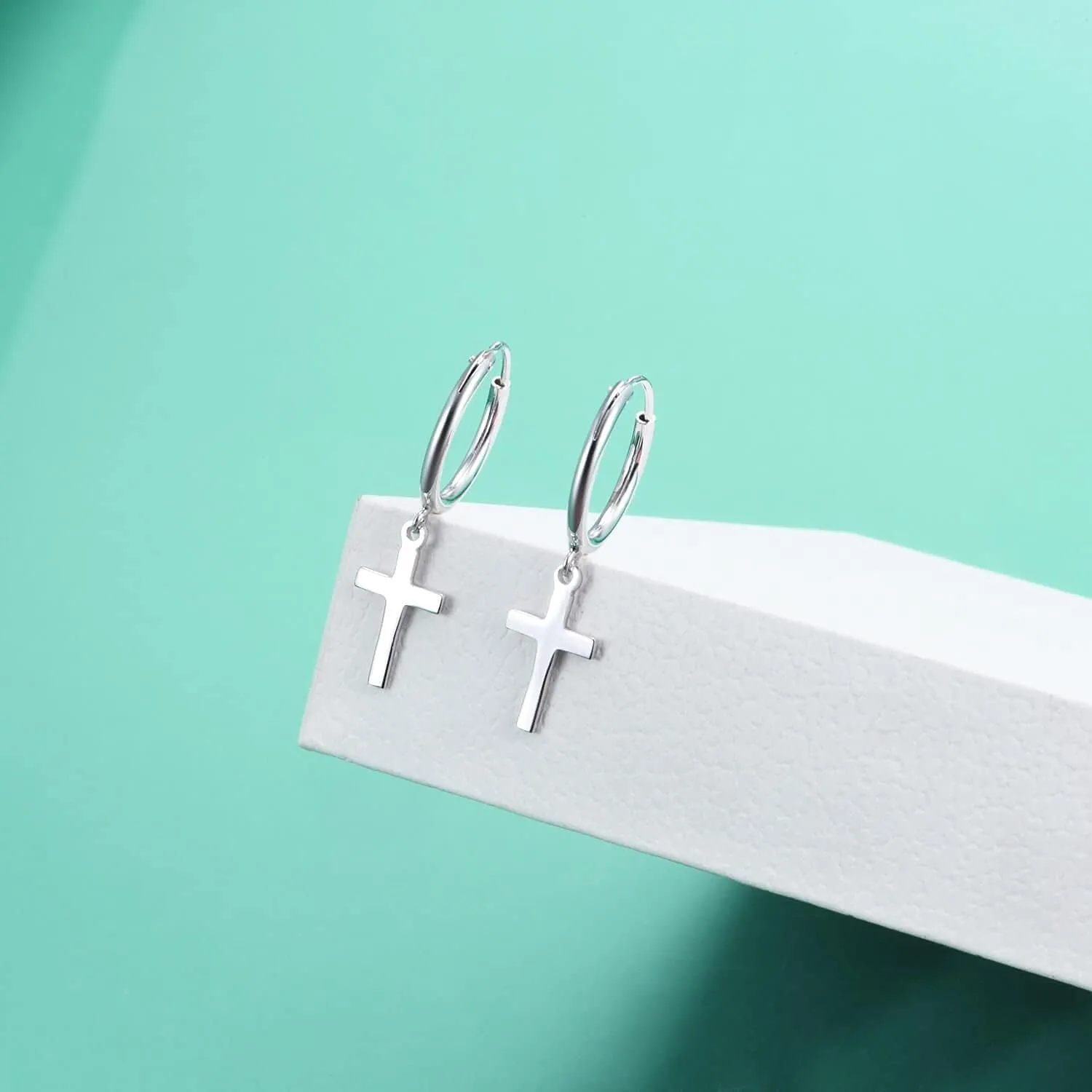 POPLYKE Sterling Silver Black Hanging Cross/Lightning/Heart/triangle Hoop Earrings for Men Women