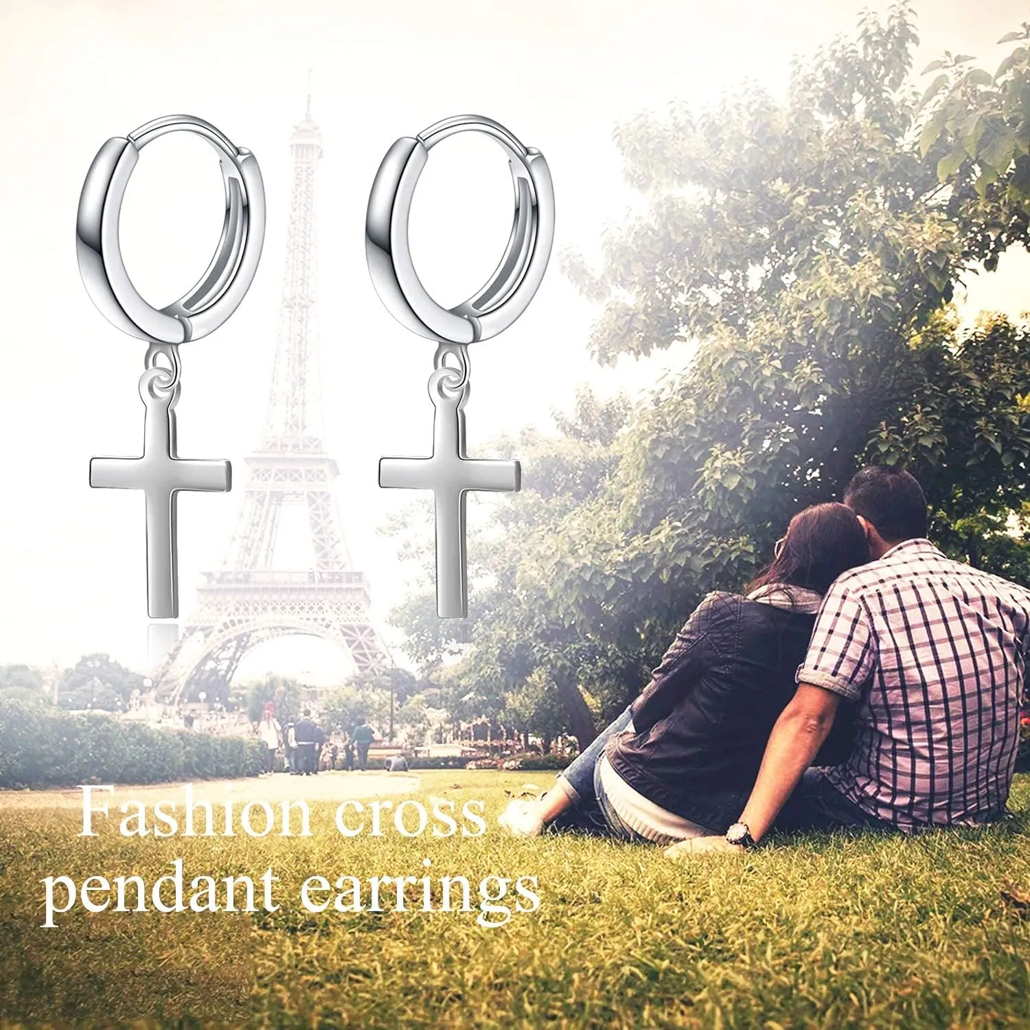POPLYKE Sterling Silver Black Hanging Cross/Lightning/Heart/triangle Hoop Earrings for Men Women
