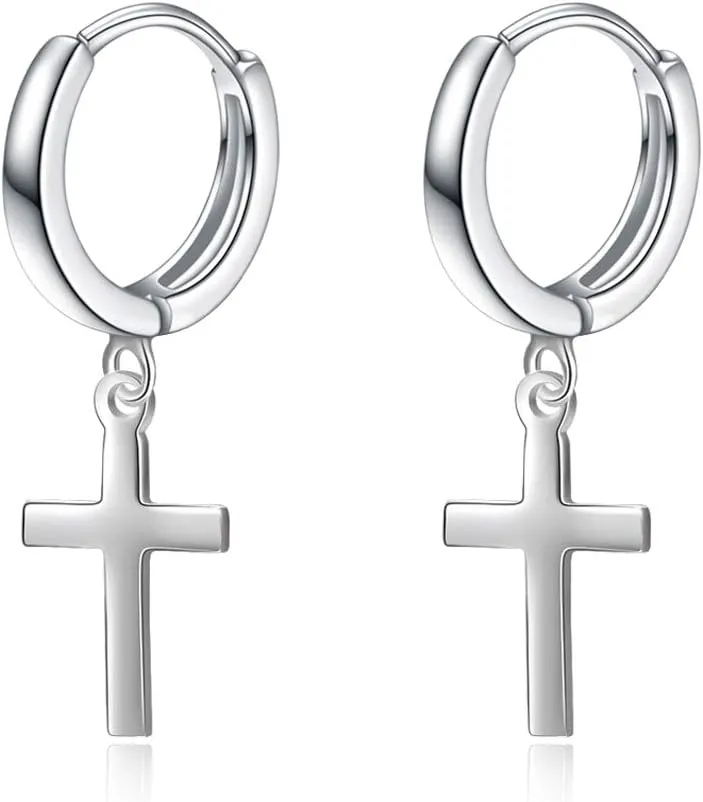 POPLYKE Sterling Silver Black Hanging Cross/Lightning/Heart/triangle Hoop Earrings for Men Women