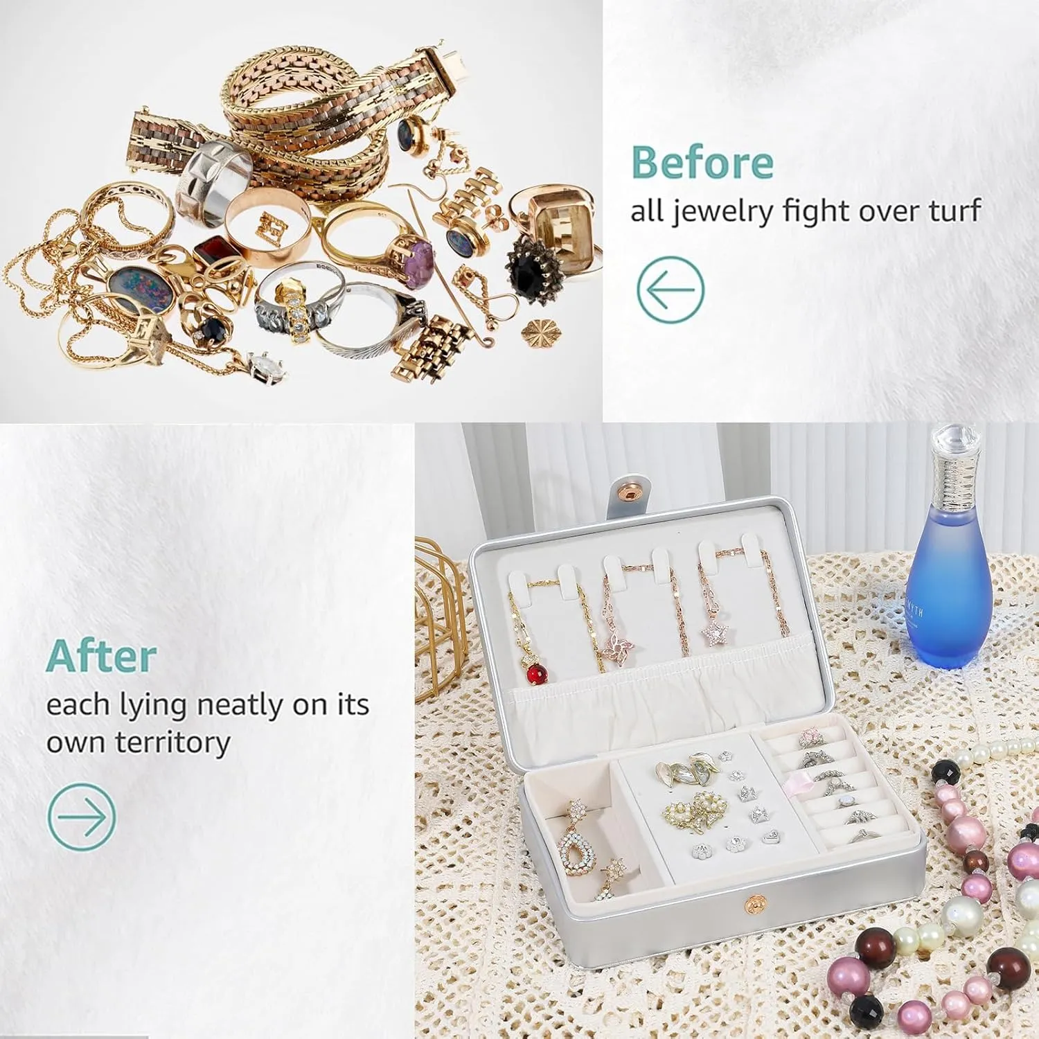 Portable Jewelry Box, 2 Layer Small Travel Jewelry Box for Women and Girls, Mini Leather Jewelry Organizer for Necklaces, Bracelet, Earrings and Rings Gift for Her (silver)