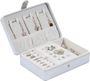 Portable Jewelry Box, 2 Layer Small Travel Jewelry Box for Women and Girls, Mini Leather Jewelry Organizer for Necklaces, Bracelet, Earrings and Rings Gift for Her (silver)