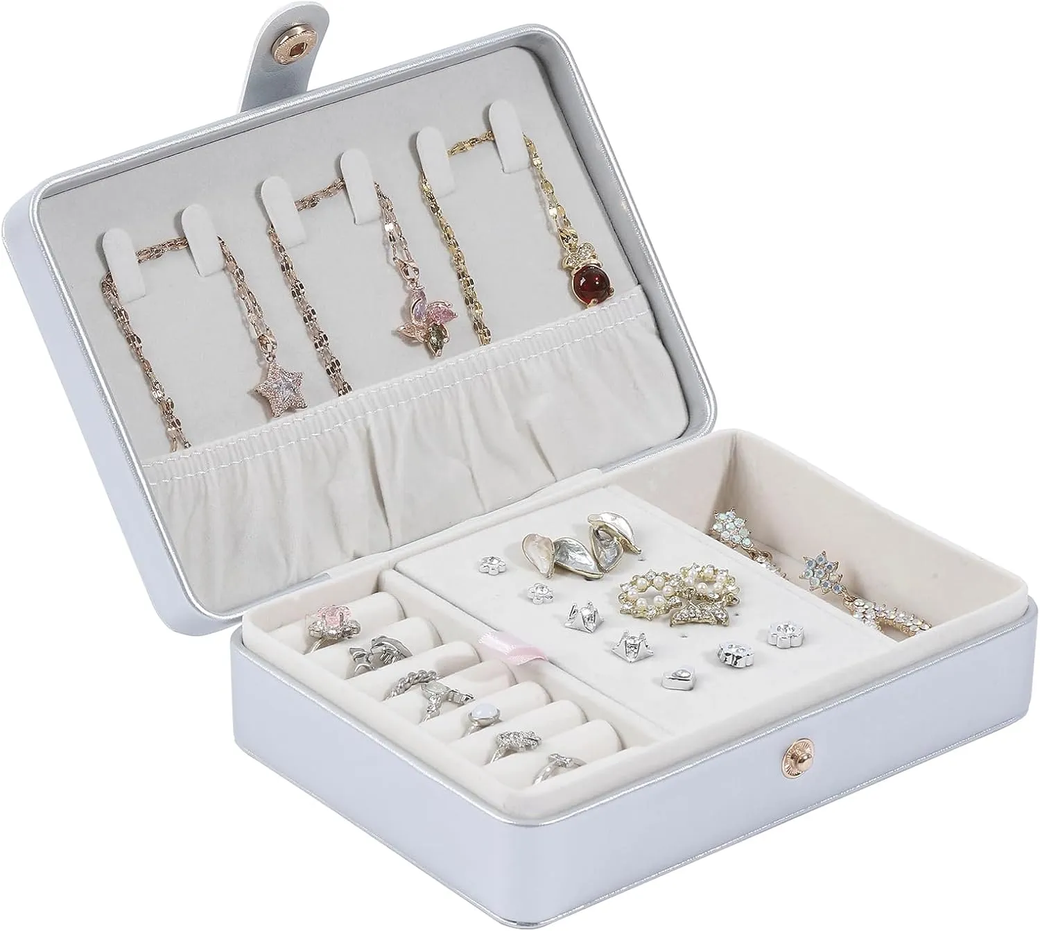 Portable Jewelry Box, 2 Layer Small Travel Jewelry Box for Women and Girls, Mini Leather Jewelry Organizer for Necklaces, Bracelet, Earrings and Rings Gift for Her (silver)