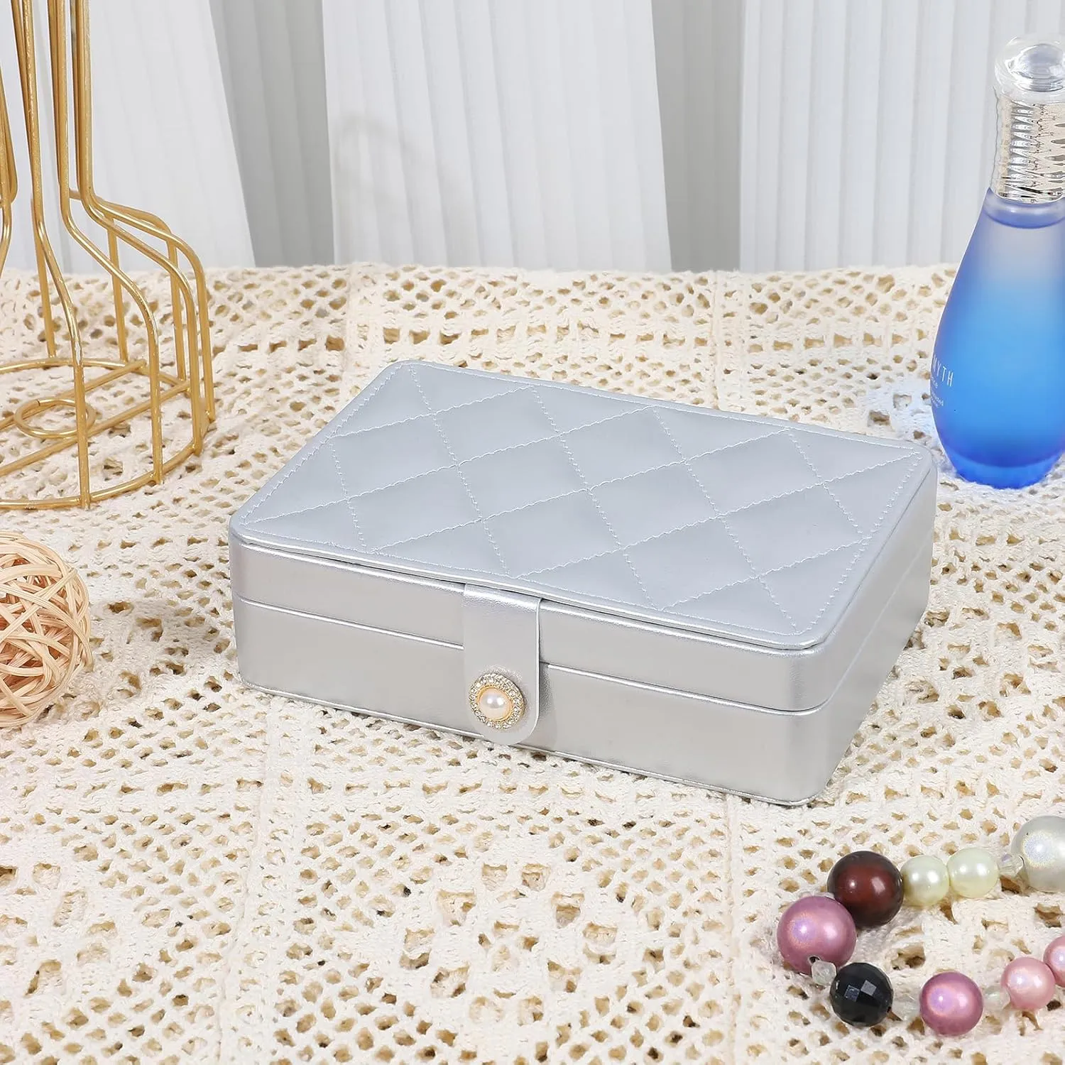 Portable Jewelry Box, 2 Layer Small Travel Jewelry Box for Women and Girls, Mini Leather Jewelry Organizer for Necklaces, Bracelet, Earrings and Rings Gift for Her (silver)