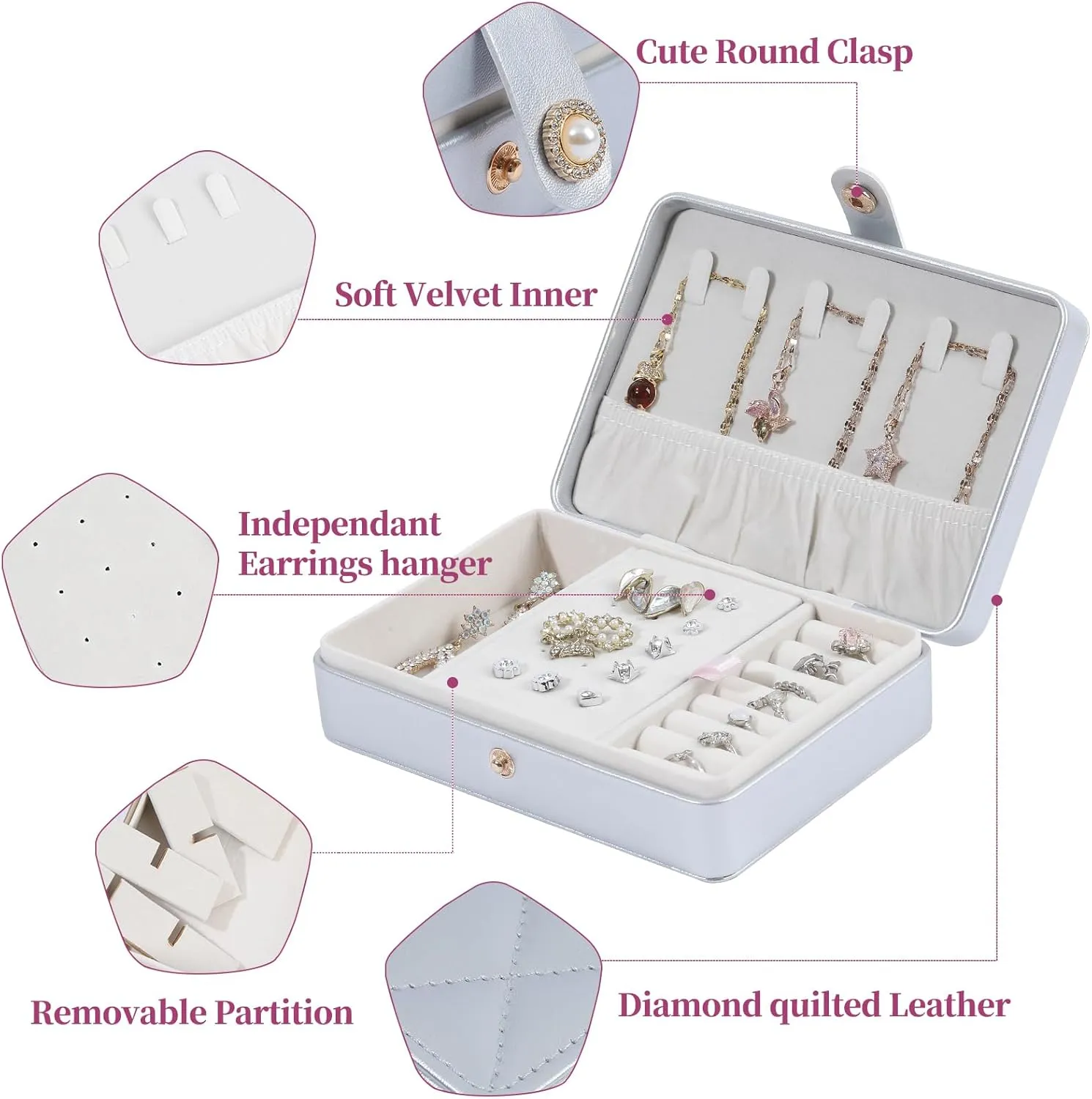 Portable Jewelry Box, 2 Layer Small Travel Jewelry Box for Women and Girls, Mini Leather Jewelry Organizer for Necklaces, Bracelet, Earrings and Rings Gift for Her (silver)