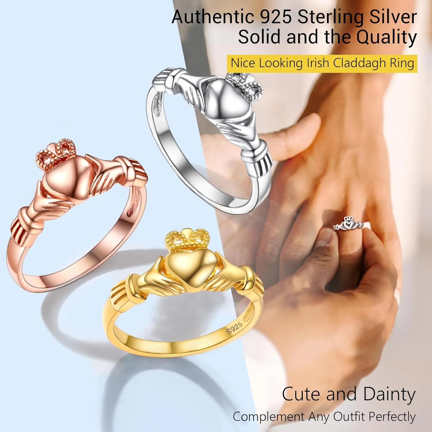 PROSILVER 925 Sterling Silver Claddagh Ring/Celtic Knot Ring for Women, Irish Wedding Band, Rose Gold Plated/Gold Plated, Size 4-12, Come with Box