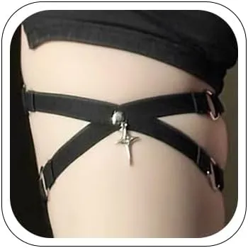 Punk Leather Leg Chain Harness Gothic Black Cross Pendant Lace-up Thigh Loop Beach Bikini Leg Garter Adjustable Club Party Rave Waist Body Chains Jewelry for Women