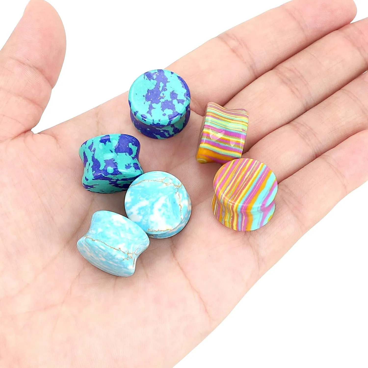 Qmcandy 6pcs Mixed Stone Ear Plugs Tunnels Saddle Expander Body Piercing Set Gauge 2g-5/8 inch