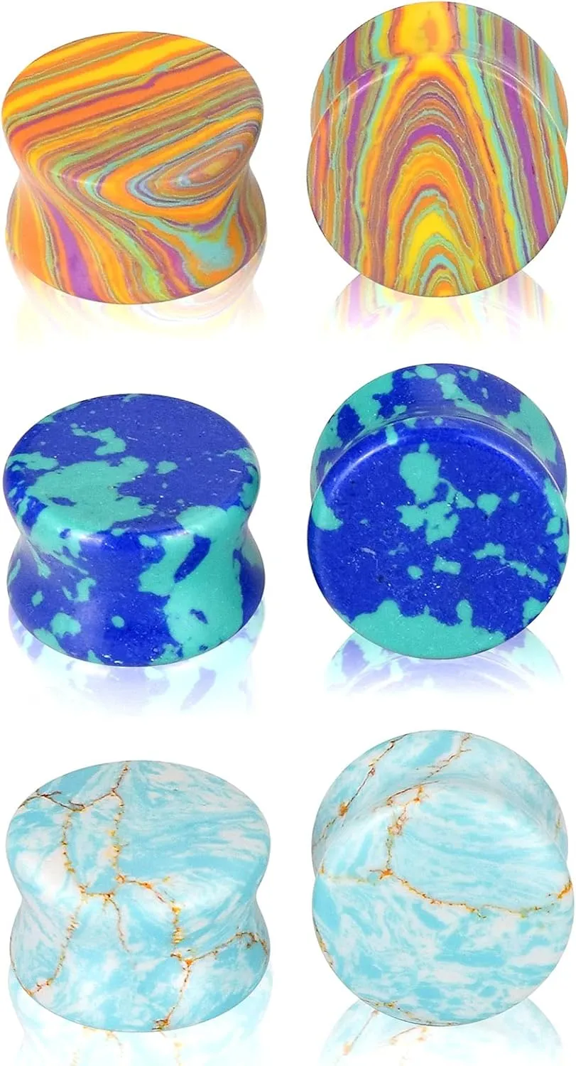 Qmcandy 6pcs Mixed Stone Ear Plugs Tunnels Saddle Expander Body Piercing Set Gauge 2g-5/8 inch