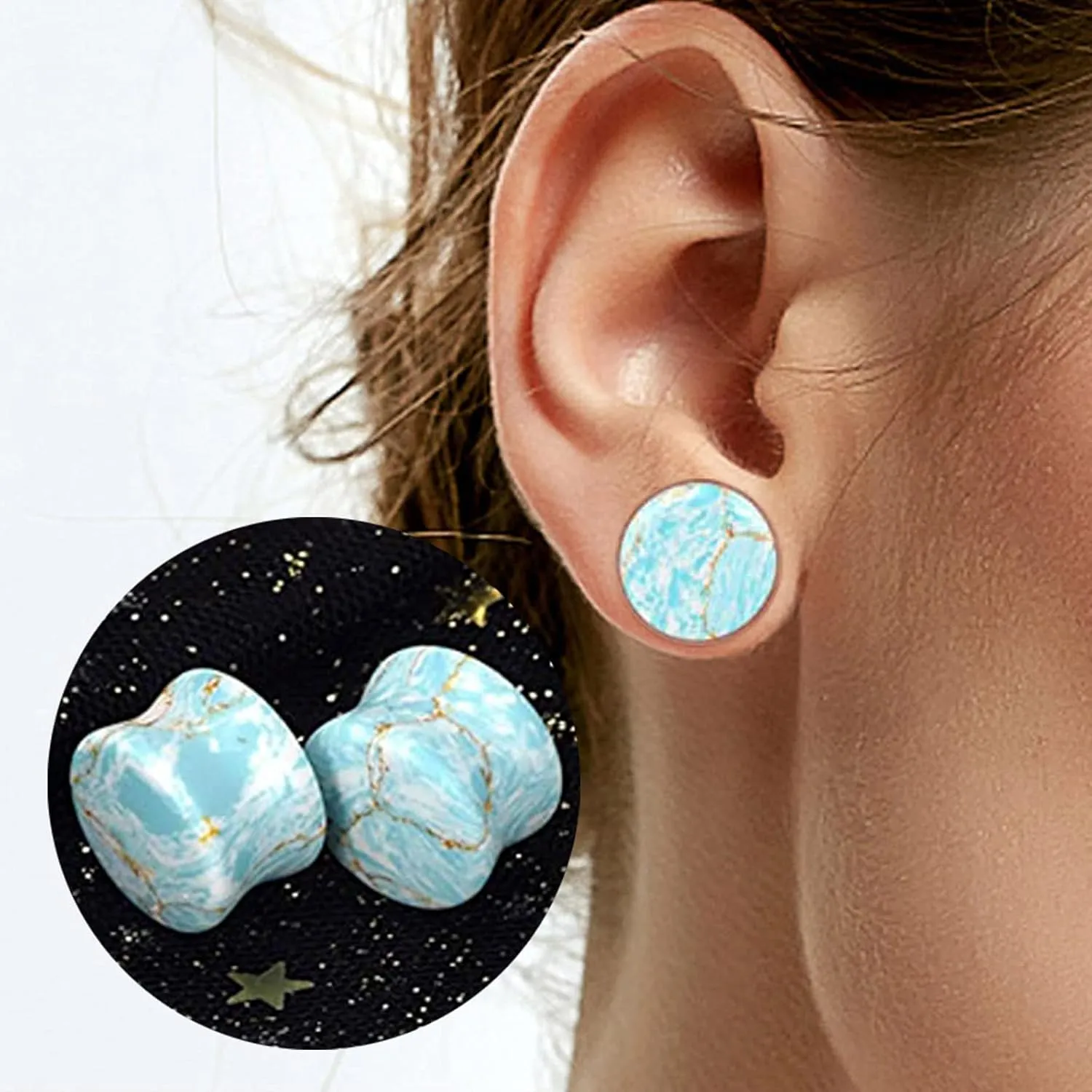 Qmcandy 6pcs Mixed Stone Ear Plugs Tunnels Saddle Expander Body Piercing Set Gauge 2g-5/8 inch