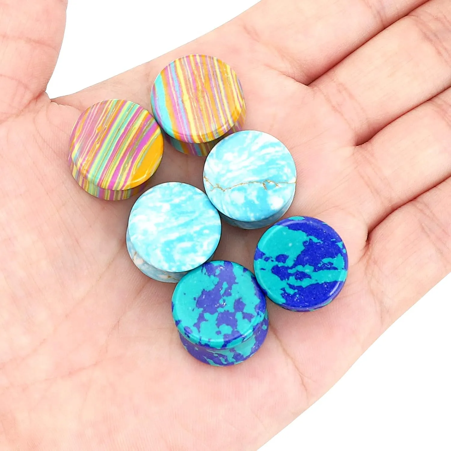 Qmcandy 6pcs Mixed Stone Ear Plugs Tunnels Saddle Expander Body Piercing Set Gauge 2g-5/8 inch