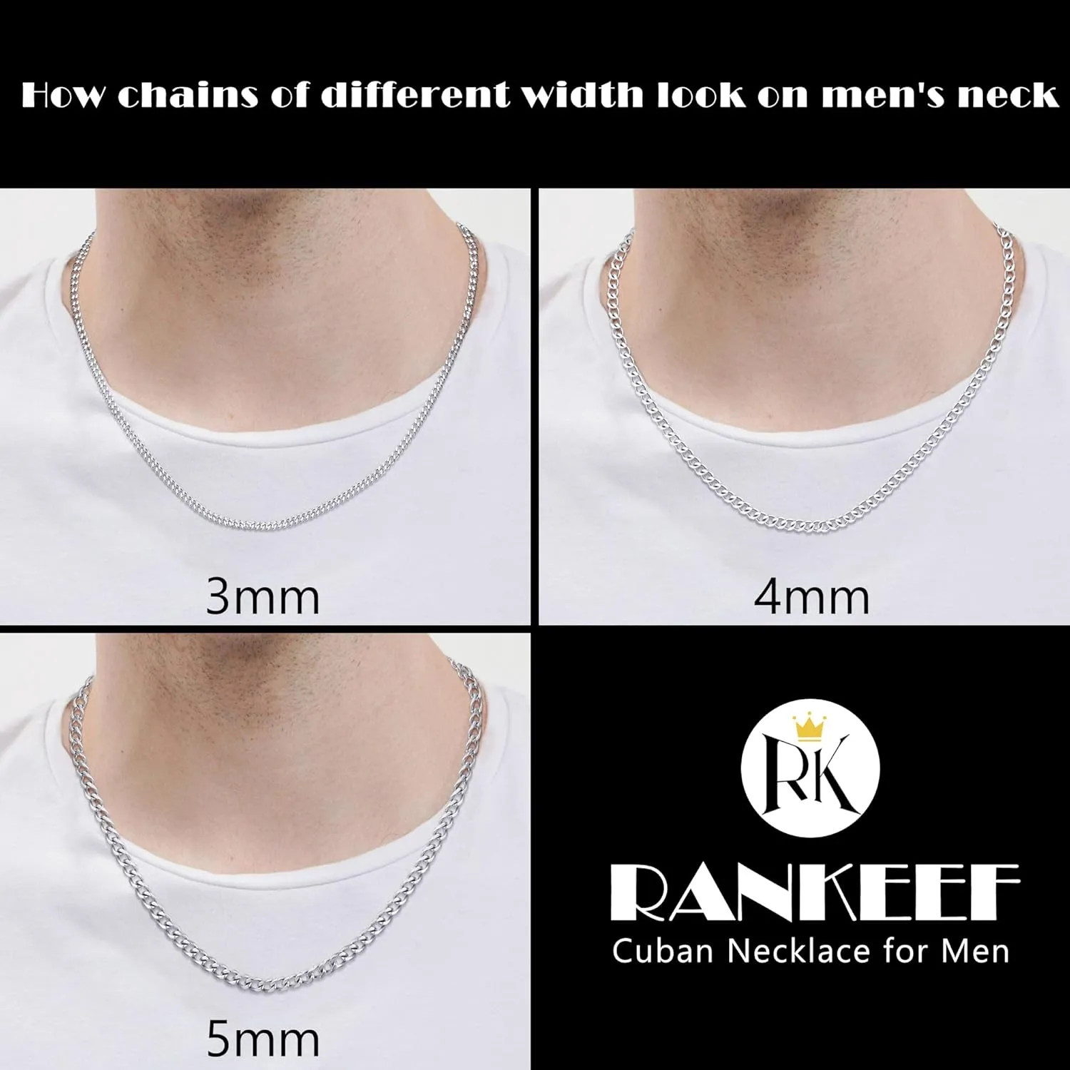 RANKEEF 3/4/5mm Cuban Link Chain for Men - Silver Chain for Men Boys Cuban Necklace Sturdy & Shiny Waterproof Non-Fading Jewelry Gifts for Dad Husband Boyfriend 18/20/22 Inches