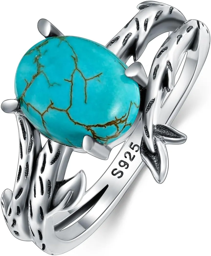Real Turquoise Rings for Women 925 Sterling Silver with Genuine Oval Gemstone Vintage Boho Style Ring Jewelry for Her