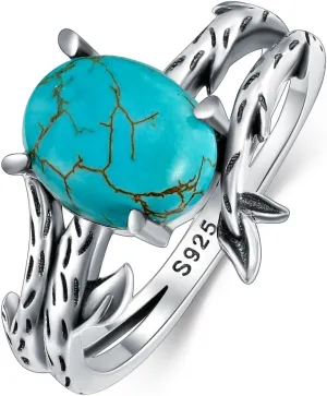 Real Turquoise Rings for Women 925 Sterling Silver with Genuine Oval Gemstone Vintage Boho Style Ring Jewelry for Her