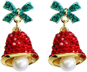 Red Crystal Bell Christmas Hat Earrings Santa Claus Christmas Tree Dangle Earrings Asymmetric Elk Santa Hat Butterfly Bell Christmas Earrings Rhinestone Stud Earrings for Women