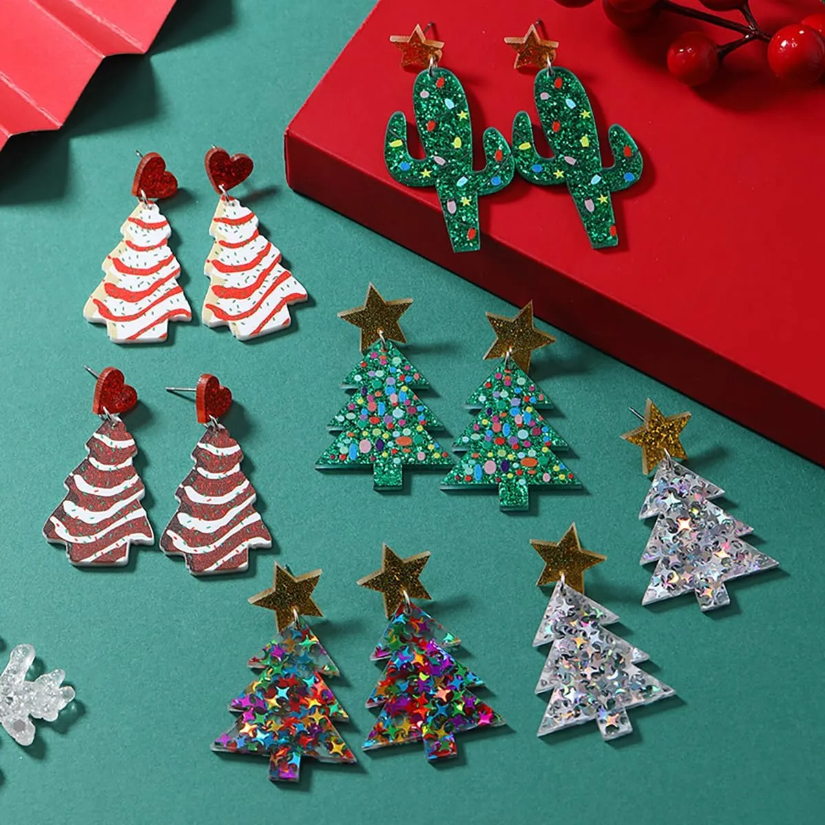 Red Crystal Bell Christmas Hat Earrings Santa Claus Christmas Tree Dangle Earrings Asymmetric Elk Santa Hat Butterfly Bell Christmas Earrings Rhinestone Stud Earrings for Women