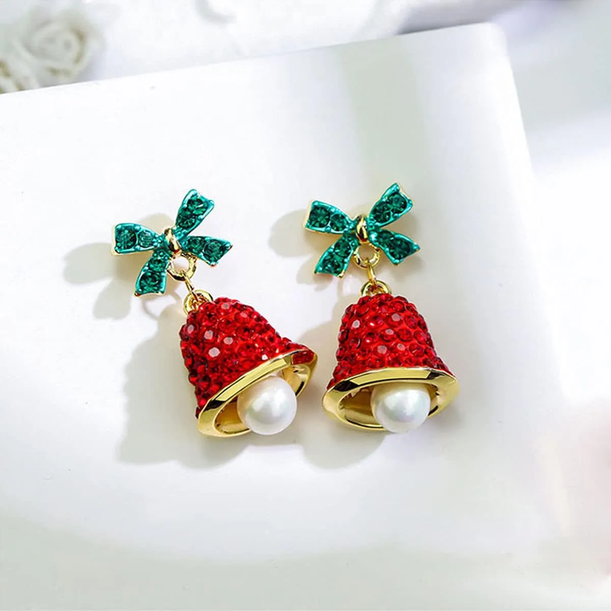 Red Crystal Bell Christmas Hat Earrings Santa Claus Christmas Tree Dangle Earrings Asymmetric Elk Santa Hat Butterfly Bell Christmas Earrings Rhinestone Stud Earrings for Women