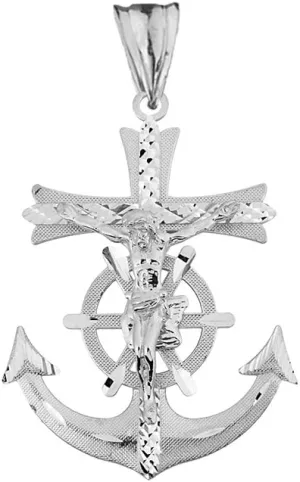 Religious Jewelry .925 Sterling Silver Mariner Crucifix Anchor Cross Textured Dangling Pendant Charm