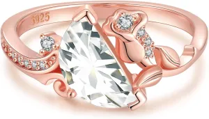 Rose Gold Plated Sterling Silver Half-Moon Cut CZ Ring for Women, Vintage Style Engagement or Promise Ring, Size 7, Hypoallergenic Jewelry