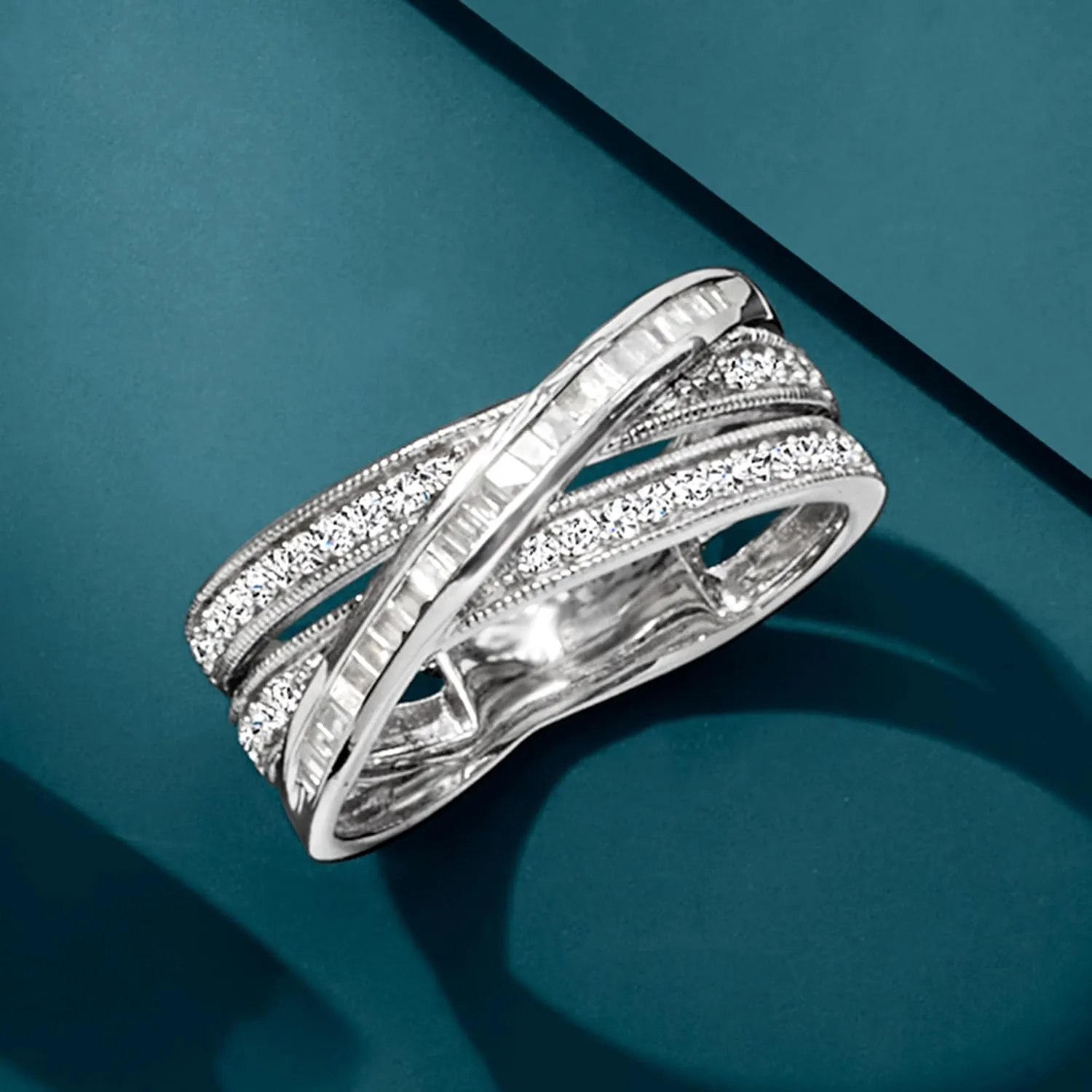 Ross-Simons 0.33 ct. t.w. Round and Baguette Diamond Crisscross Ring in Sterling Silver