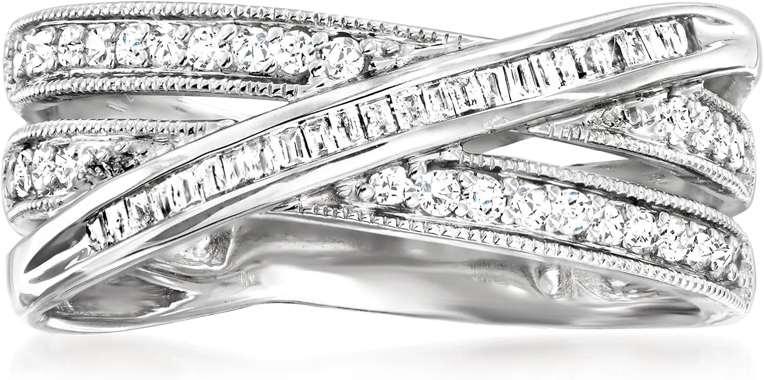 Ross-Simons 0.33 ct. t.w. Round and Baguette Diamond Crisscross Ring in Sterling Silver
