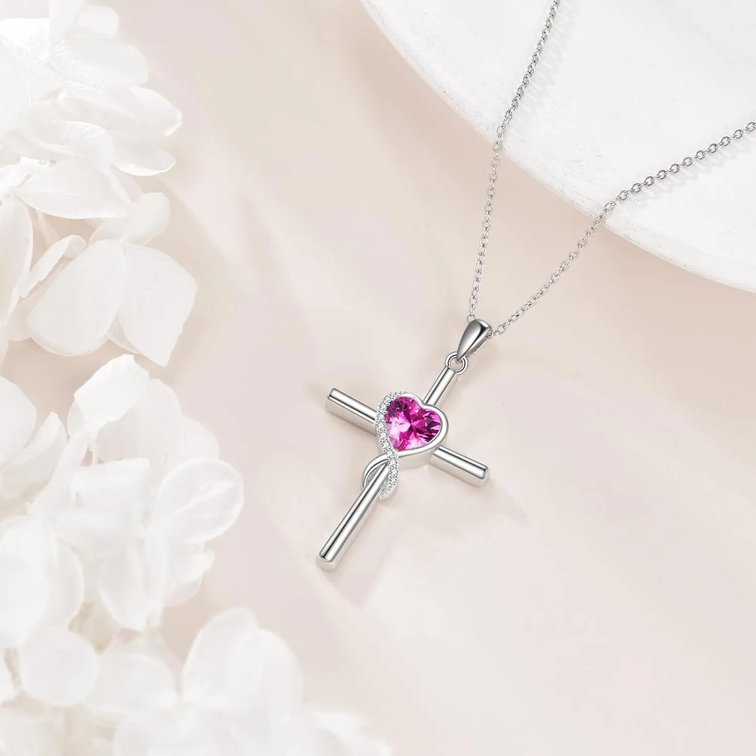 S925 Sterling Silver Cross Necklace for Women Birthstone Necklace Heart Infinity Cross Pendant Necklace Christmas Valentines Day Gifts Birthday Holiday Gifts for Her, 18" 2" Inches