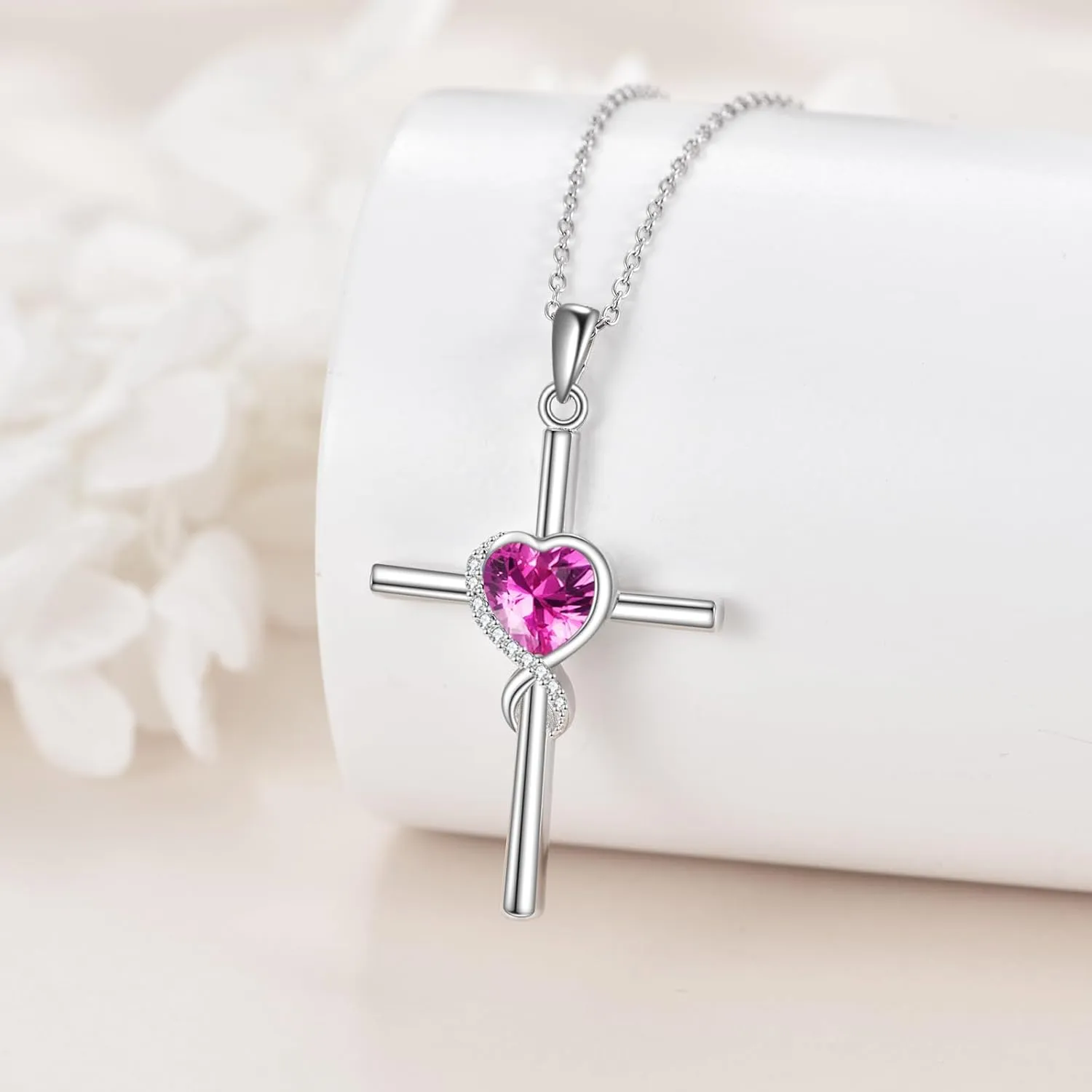 S925 Sterling Silver Cross Necklace for Women Birthstone Necklace Heart Infinity Cross Pendant Necklace Christmas Valentines Day Gifts Birthday Holiday Gifts for Her, 18" 2" Inches