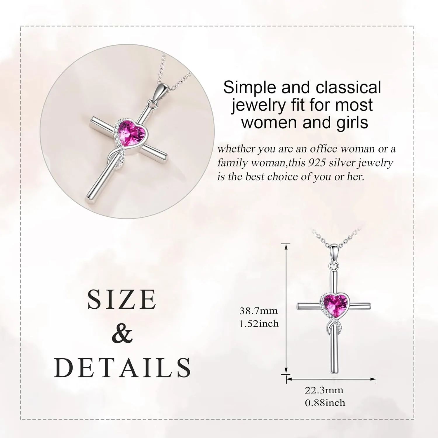 S925 Sterling Silver Cross Necklace for Women Birthstone Necklace Heart Infinity Cross Pendant Necklace Christmas Valentines Day Gifts Birthday Holiday Gifts for Her, 18" 2" Inches