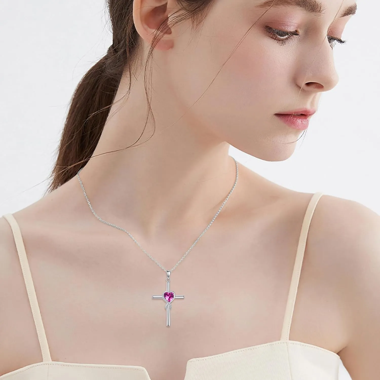 S925 Sterling Silver Cross Necklace for Women Birthstone Necklace Heart Infinity Cross Pendant Necklace Christmas Valentines Day Gifts Birthday Holiday Gifts for Her, 18" 2" Inches