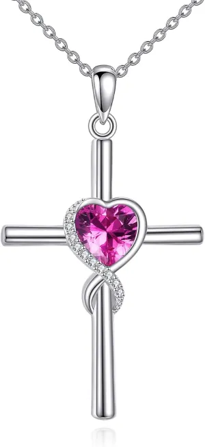 S925 Sterling Silver Cross Necklace for Women Birthstone Necklace Heart Infinity Cross Pendant Necklace Christmas Valentines Day Gifts Birthday Holiday Gifts for Her, 18" 2" Inches