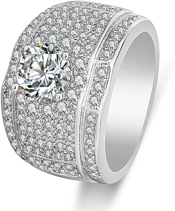 S925 Sterling Silver Cubic Zirconia CZ Band Rings 18K Gold Plated Bling Pinky Ring Simulated Diamond Iced Out Ring CZ Punky Rappers Ring Full Diamond Men's Ring Hip Hop Ring for Men Big Boss Rings 12