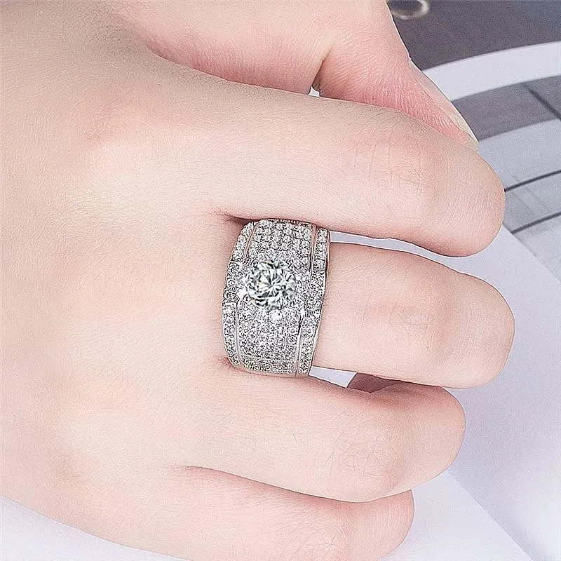 S925 Sterling Silver Cubic Zirconia CZ Band Rings 18K Gold Plated Bling Pinky Ring Simulated Diamond Iced Out Ring CZ Punky Rappers Ring Full Diamond Men's Ring Hip Hop Ring for Men Big Boss Rings 12