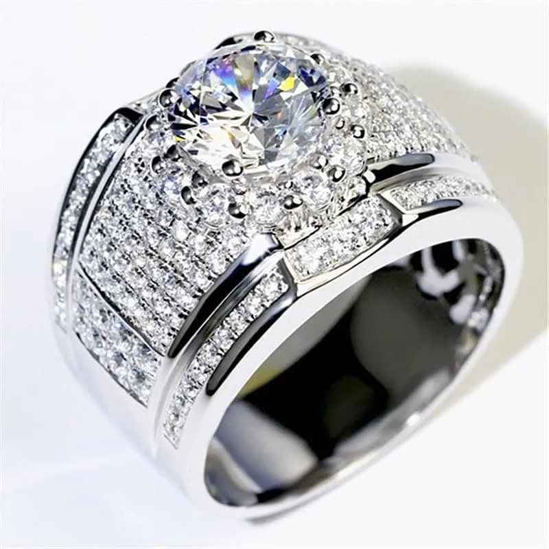 S925 Sterling Silver Cubic Zirconia CZ Band Rings 18K Gold Plated Bling Pinky Ring Simulated Diamond Iced Out Ring CZ Punky Rappers Ring Full Diamond Men's Ring Hip Hop Ring for Men Big Boss Rings 12
