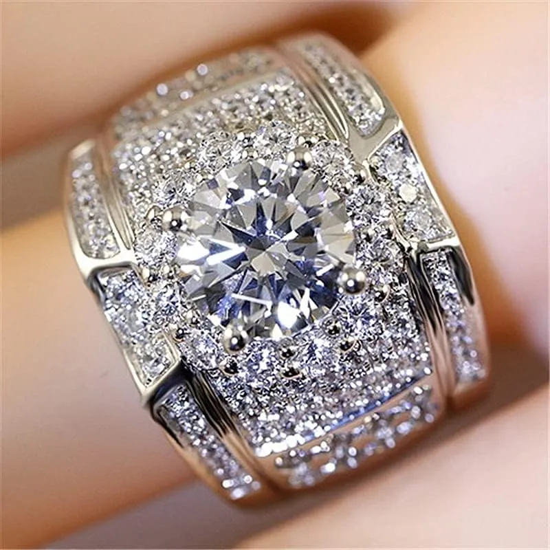 S925 Sterling Silver Cubic Zirconia CZ Band Rings 18K Gold Plated Bling Pinky Ring Simulated Diamond Iced Out Ring CZ Punky Rappers Ring Full Diamond Men's Ring Hip Hop Ring for Men Big Boss Rings 12