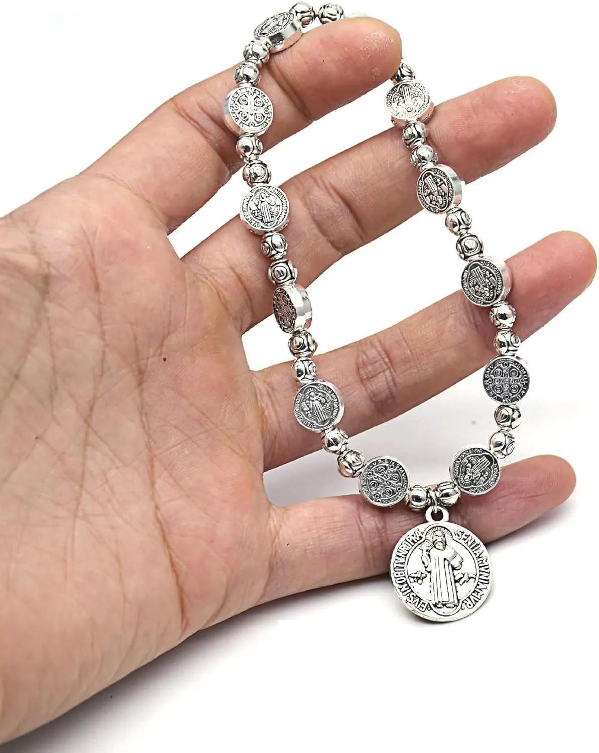 Saint Benedict Medal Prayer Beads Cross Rosary Beads Catholic Bracelet for Woman Men Religious Sacred Bracelet Vintage Silver