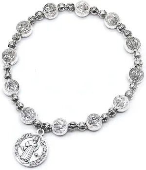 Saint Benedict Medal Prayer Beads Cross Rosary Beads Catholic Bracelet for Woman Men Religious Sacred Bracelet Vintage Silver