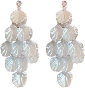 Seashell Pearl Flower Tassel Dangle Earrings for Women 925 Sterling Silver Post Pin Long Floral Crystal Charms Statement Drop Dangling Stud Earring Lightweight Birthday Christma Wedding Dainty Jewelry