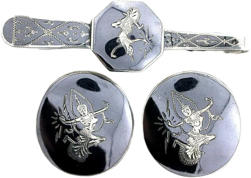 Siam Black Enamel .925 Pure Sterling Silver Vintage Cufflink Tie Bar Set EBS4639