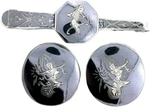 Siam Black Enamel .925 Pure Sterling Silver Vintage Cufflink Tie Bar Set EBS4639