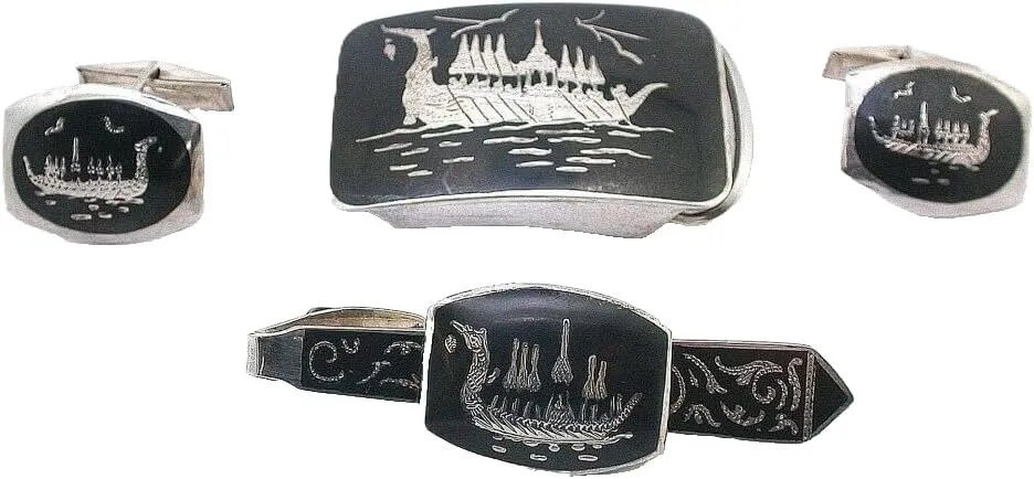 Siam Nielloware Sterling Vintage Cufflink Tie Bar Buckle Set Original Box ES9440